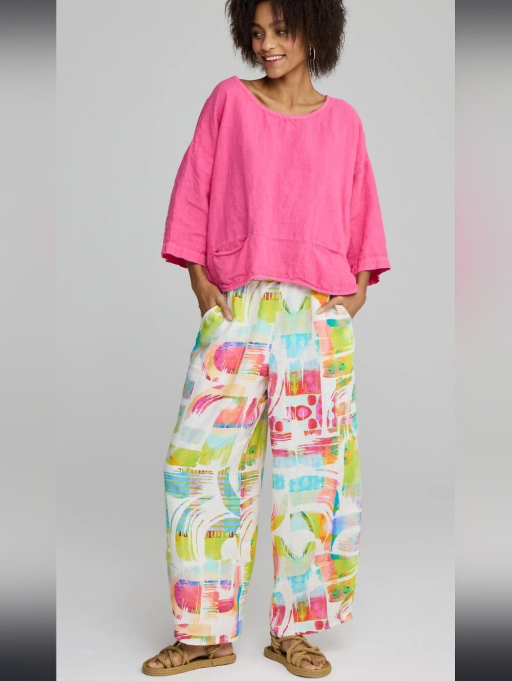 LUUKAA 100% Linen Multicolor Printed elastic waist barrel wide leg Pants